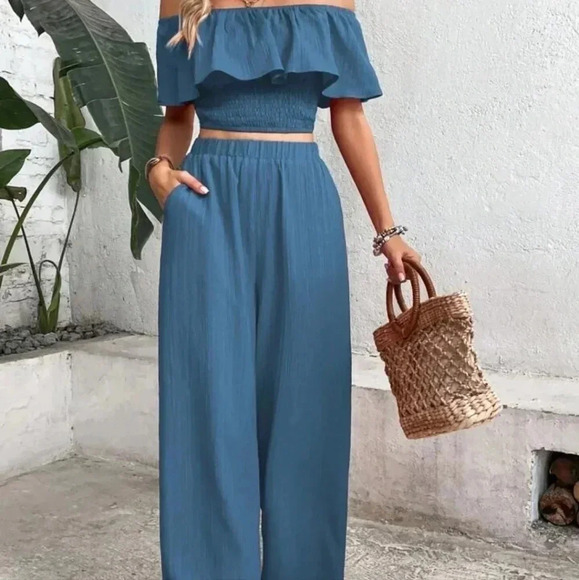 Women's Off-Shoulder Ruffle Trim Top And Wide Leg Pants Two Piece Set - Picture 5 of 6
